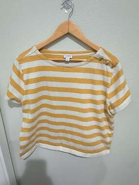 J.Crew Yellow White Striped Boatneck T-Shirt with Gold Shoulder Buttons Size L